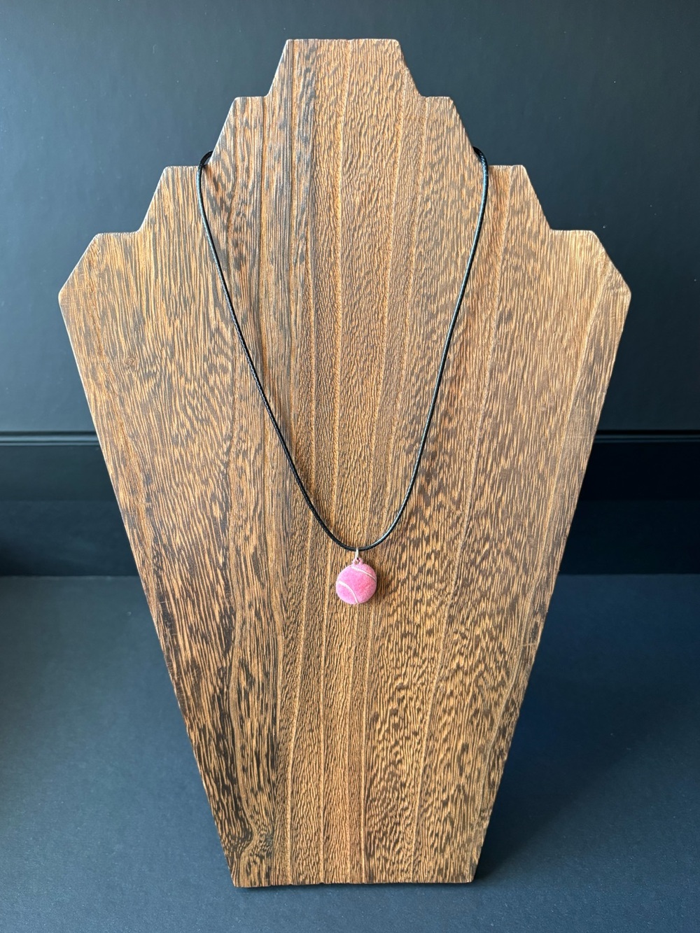 ReMixed Upcycled Pink Fuzzy Tennis Ball Pendant Necklace Black Cord